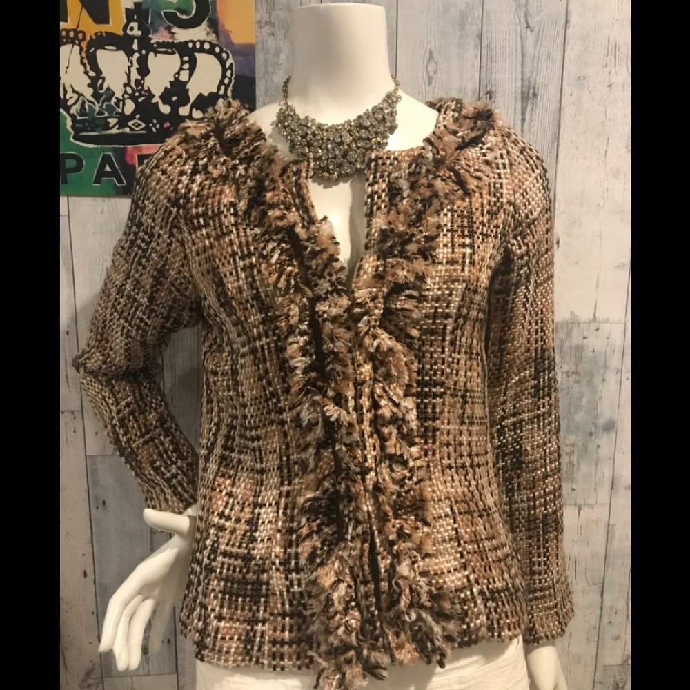 Nick & Mo tweed jacket w/ ruffle trim.